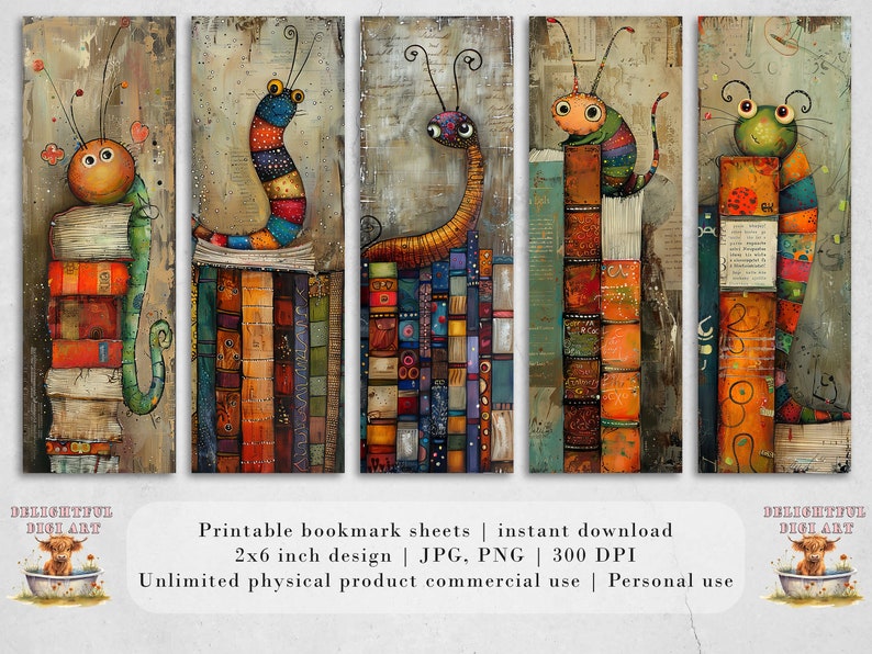 May include: Five printable bookmark designs featuring colorful cartoon bugs perched on stacks of books. Each bookmark is 2 inches by 6 inches and is available for instant download in JPG and PNG formats at 300 DPI.