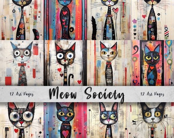 Meow Society Printable Art Pages| Digital Download Paper Set| Whimsical Digital Paper| Quirky Cats| Mixed Media Felines| Junk Journal Art