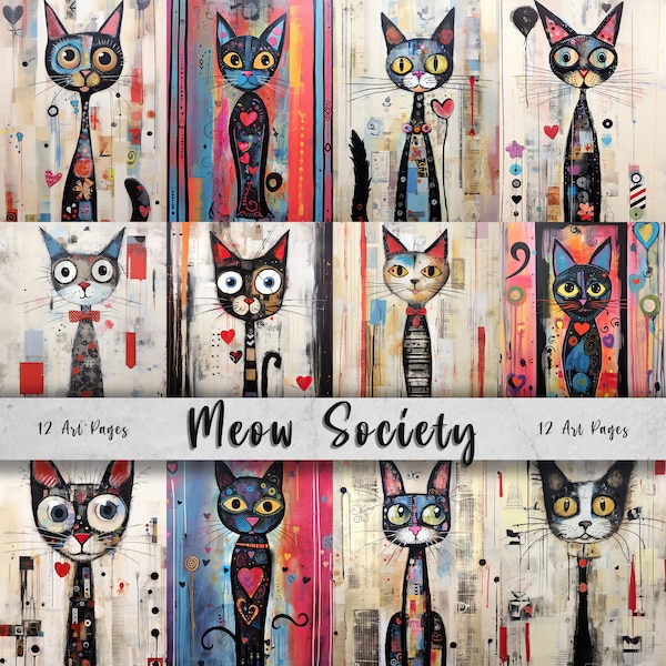 Páginas de arte imprimibles de Meow Society/ Conjunto de papel de descarga digital/ Papel digital caprichoso/ Gatos extravagantes/ Felinos de medios mixtos/ Arte de diario basura
