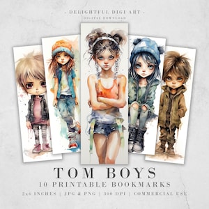 10 segnalibri stampabili Tom Boy/ Download digitale JPG Set segnalibri Chibi Pacchetto PNG acquerello/ Set segnalibri sublimazione Big Eyes/ Tough Girl