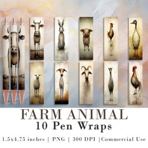 Farm Animal Pen Wrap PNGs | 10 Pen Wrap Sublimation Designs | Whimsical Animal Designs | Cute Epoxy Pen Design for Kids