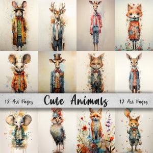 Páginas de arte imprimibles de animales lindos / Conjunto de papel de descarga digital / Papel digital caprichoso / Criaturas extravagantes / Perros callejeros de medios mixtos / Arte de diario basura