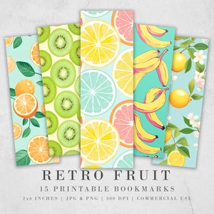 Marcadores imprimibles de frutas retro: Hojas de marcadores de bricolaje JPG / Conjunto de sublimación de marcadores PNG de 15 / Colores pastel / Patrón de frutas en rodajas