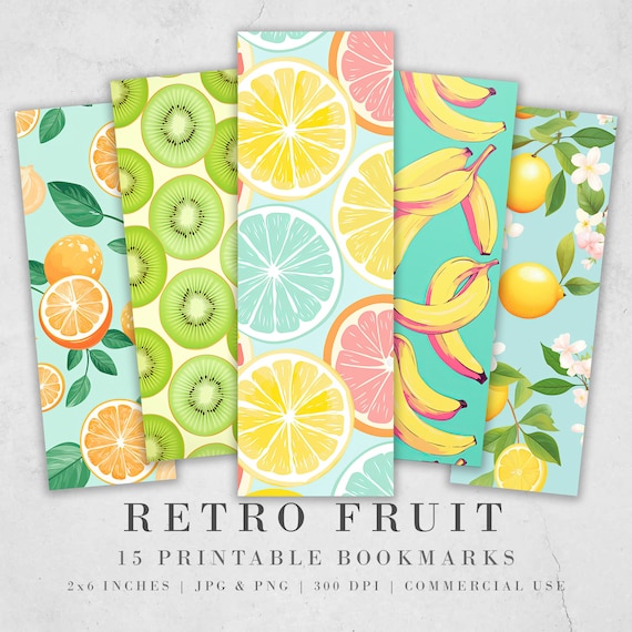 Retro Fruit Printable Bookmarks: JPG DIY Bookmark Sheets| PNG bookmark sublimation set of 15 | Pastel colors | Sliced Fruit Pattern