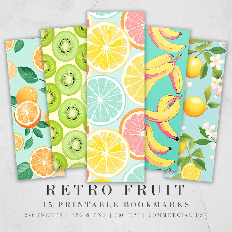 May include: Set of 15 printable bookmarks featuring retro fruit designs. The designs include kiwi, lemon, grapefruit, and banana patterns on a light blue background. Each bookmark is 2x6 inches and 300 DPI.