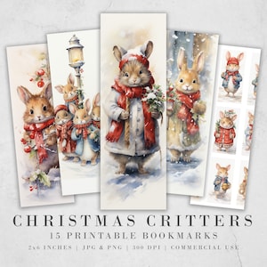 15 lindos marcadores imprimibles de criaturas navideñas / Descarga digital Hojas de marcadores JPG / Sublimación de marcadores PNG / Conjunto de marcadores de conejito / Navidad