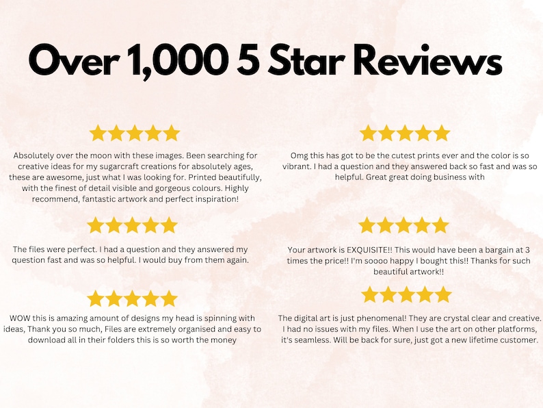 May include: Screenshot of five-star reviews for a digital art product. The reviews highlight the quality of the artwork, the speed of customer service, and the ease of use of the digital files. The text includes phrases like "over the moon", "gorgeous colours", "cutest prints", "crystal clear", and "phenomenal".