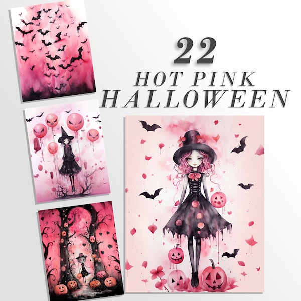 22 páginas de arte imprimibles de Halloween rosa intenso/ Descarga digital JPG Conjunto de papel/ Sublimación PNG/ Paquete de papel digital caprichoso/ Personajes retro