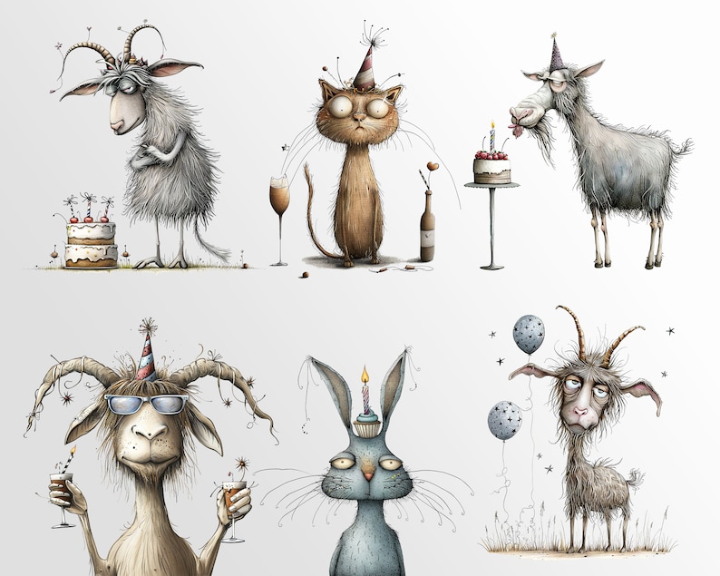 Whimsical Party Animals: Funny Birthday Graphics for Crafts and Decor | PNG Bundle | Sublimation files| Quirky Creatures Clipart Hilarious image 7