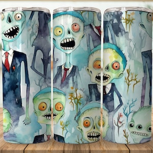 Cute Zombie Halloween 20oz Skinny Tumbler Sublimation Wrap | Digital Download Straight Tumbler Wrap PNG | Seamless Design| Whimsical Artwork