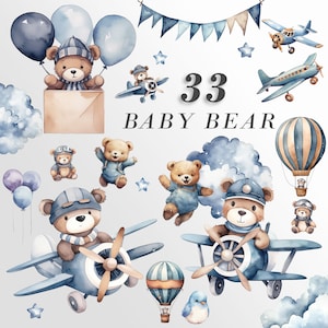 Orsacchiotto acquerello, pacchetto clipart per un baby shower per ragazzi, clipart per uso commerciale, PNG trasparenti, palloncini aeroplano blu