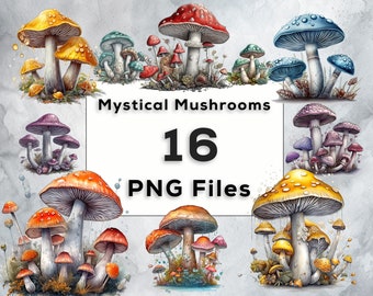 Aquarel mystieke paddestoelen clipart bundel, magische mystieke kunst, fantasy clipart bundel PNG, magische clip art set, verjaardagsuitnodiging