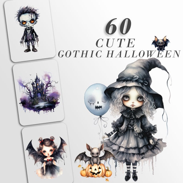 Mignons personnages gothiques d'Halloween : oeuvres d'art d'Halloween pour le bricolage et la décoration | Ensemble de cliparts PNG | Téléchargement numérique, Sublimation, Fantastique