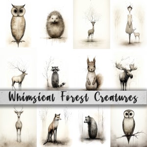 Whimsical Forest 12 Forest Creature Art Pages/ Backgrounds 8.5x11, Junk Journal, Digital Art, DIY Card Making, PNG and JPG, Quirky Art image 1