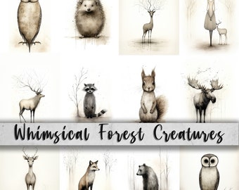 Whimsical Forest - 12 Forest Creature Art Pages/ Backgrounds (8.5x11"), Junk Journal, Digital Art, DIY Card Making, PNG and JPG, Quirky Art