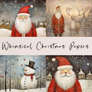 May include: Four whimsical Christmas illustrations featuring a Santa Claus with a white beard, a snowman with a black top hat, a reindeer with antlers, and a Santa Claus with a white beard and a red hat. The illustrations are in a watercolor style and have a vintage feel.