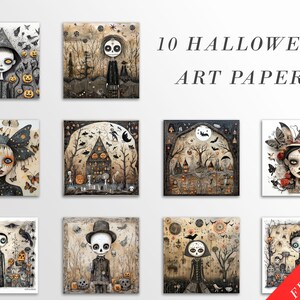 May include: Set of 10 Halloween art papers featuring spooky characters and scenes. The papers are printed on high-quality cardstock and are perfect for crafting, scrapbooking, and other creative projects.