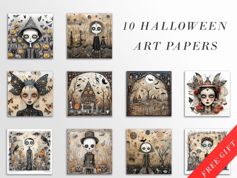 May include: Set of 10 Halloween art papers featuring spooky characters and scenes. The papers are printed on high-quality cardstock and are perfect for crafting, scrapbooking, and other creative projects.