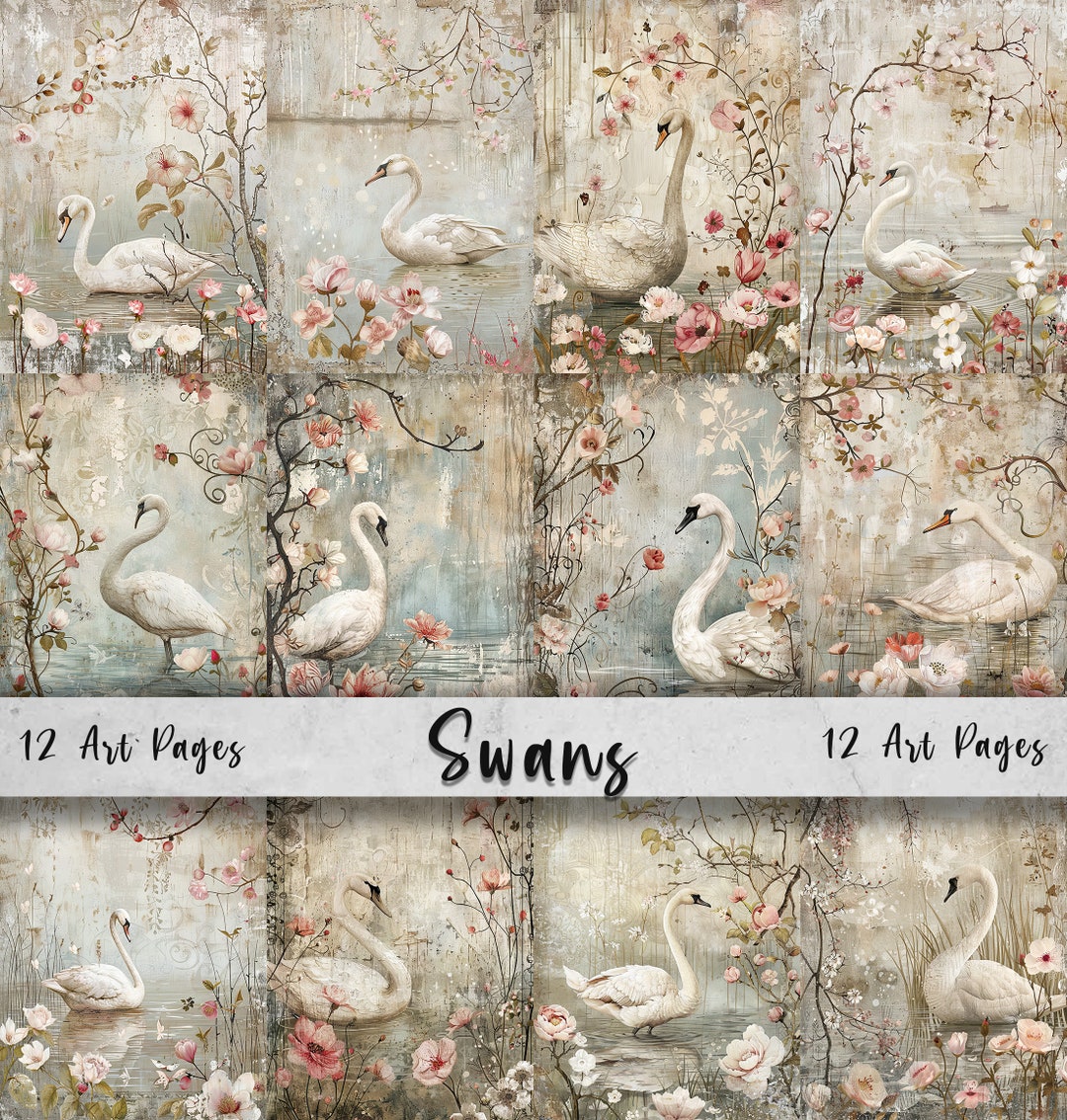 Pink Swan Rice Paper Swans Printable Art Pages| Digital Download Paper Set| Vintage Digital ...