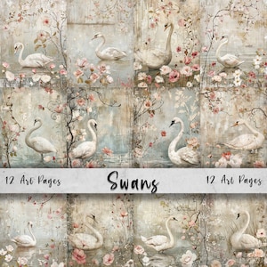 May include: A digital collage of 12 art pages featuring white swans in a floral setting. The swans are depicted in various poses, with some flying and others swimming. The background is a soft, muted palette of beige, gray, and blue, with delicate floral accents. The text "Swans" is displayed in a bold font at the bottom of the collage.