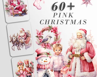 Pink Christmas Clipart: Watercolor X-mas for Crafts and Decor | PNG Bundle | Digital Download | Sublimation Designs| Cute Christmas Art