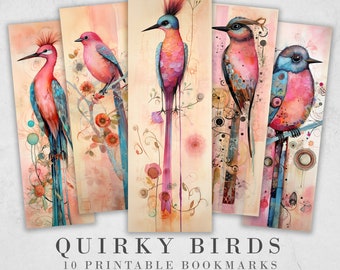 10 Quirky Birds Printable Bookmarks | Digital Download JPG Bookmark Set| PNG bookmark sublimation| Whimsical bookmark Bundle| Cute Art Retro