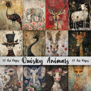 Pagine artistiche stampabili con animali stravaganti: Pacchetto di opere d'arte stravaganti / Carini documenti digitali / Immagini di scrapbooking, Arte del diario spazzatura, Divertente pacchetto di artigianato fai-da-te