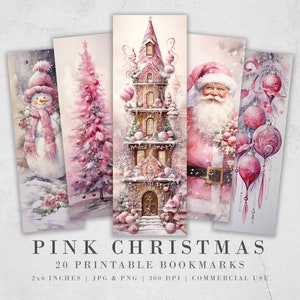 20 Cute Pink Christmas Printable Bookmarks | Digital Download JPG Bookmark Set| PNG bookmark sublimation | X-Mas bookmark set | Fussy Cuts