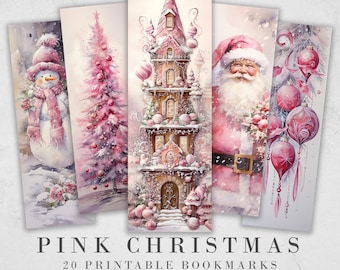 20 Cute Pink Christmas Printable Bookmarks | Digital Download JPG Bookmark Set| PNG bookmark sublimation | X-Mas bookmark set | Fussy Cuts