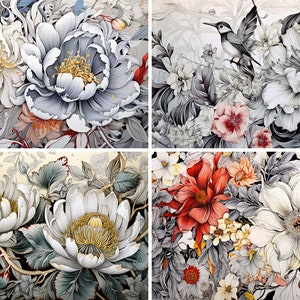 May include: A digital illustration of four floral arrangements. The top left arrangement features white and gray flowers with gold accents. The top right arrangement features white and gray flowers with a small bird perched on a branch. The bottom left arrangement features white flowers with gold accents. The bottom right arrangement features red, white, and yellow flowers.