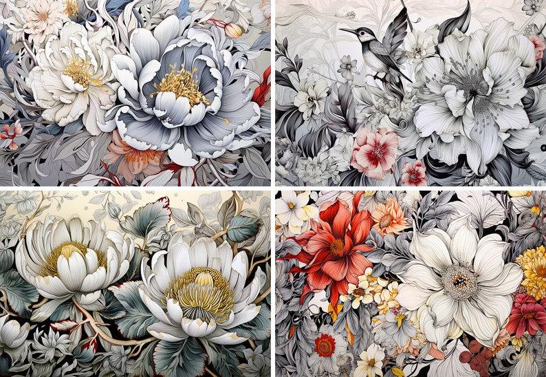 May include: A digital illustration of four floral arrangements. The top left arrangement features white and gray flowers with gold accents. The top right arrangement features white and gray flowers with a small bird perched on a branch. The bottom left arrangement features white flowers with gold accents. The bottom right arrangement features red, white, and yellow flowers.