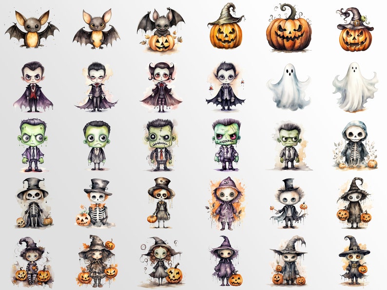 May include: A set of 30 Halloween-themed watercolor illustrations featuring various characters like bats, pumpkins, ghosts, vampires, Frankenstein's monster, skeletons, and witches. Each character is depicted in a cute and whimsical style, holding a pumpkin or other Halloween-related object.