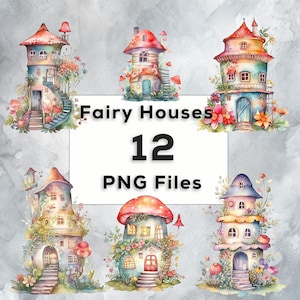 Watercolor Fairy House Clip Art, Fairy House Digital Illustrations 12 PNG Files, Fairy House Digital Paper, Printable Wall Art Fairy Nursery