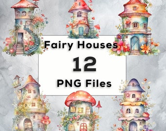 May include: Twelve watercolour illustrations of whimsical fairy houses with intricate details. Each house is unique and features a variety of colours, textures, and designs. The houses are surrounded by lush greenery and flowers.