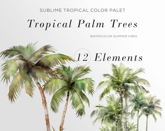 Tropical Watercolor Palm Trees, Tropical Clip art,  Palm Trees, Palm Trees Clipart, Commercial Use, Palm Tree PNG Bundle Birthday Invitation