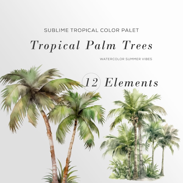 Tropical Watercolor Palm Trees, Tropical Clip art,  Palm Trees, Palm Trees Clipart, Commercial Use, Palm Tree PNG Bundle Birthday Invitation