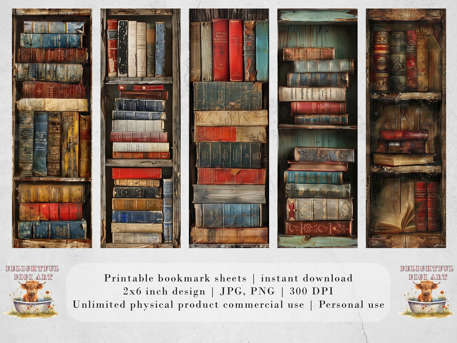 Pld Bookmark 20 Vintage Bookcase Printable Bookmarks | 4 Bookmark Sheets | PNG ...