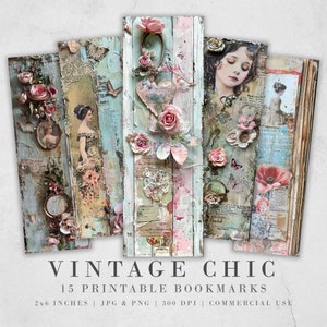 Vintage Chic Lesezeichen zum Ausdrucken| 15 Lesezeichen mit romantischen Themen | 3 JPG-Blätter PNG Lesezeichen Sublimation Junk Journal Ephemera Scrapbooking