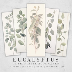 10 Eucalyptus Watercolor Printable Bookmarks | Digital Download JPG Bookmark Set | PNG bookmark | Neutral floral sublimation bookmark set