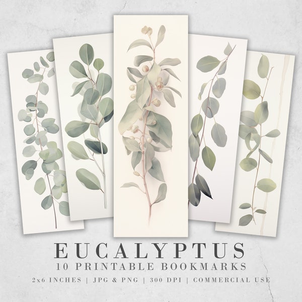 10 Eucalyptus Watercolor Printable Bookmarks | Digital Download JPG Bookmark Set | PNG bookmark | Neutral floral sublimation bookmark set