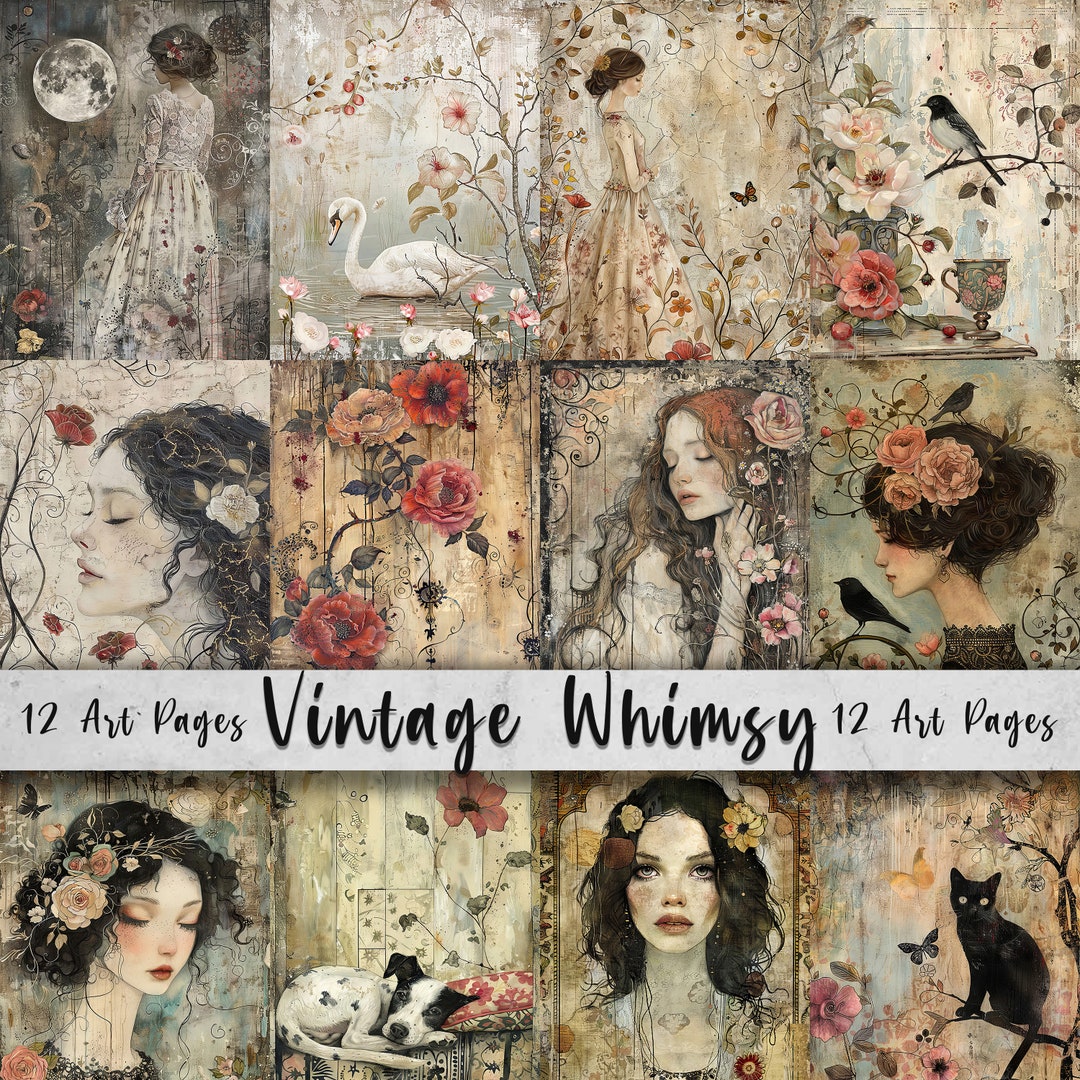 Vintage Whimsy Printable Art Pages, Quirky Art Pack, Flowers, Portraits ...