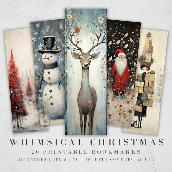 20 Whimsical Christmas Printable Bookmarks| Digital Download JPG Bookmark Sheets | Retro Xmas | Stocking Filler| DIY Gift Idea| Abstract Art