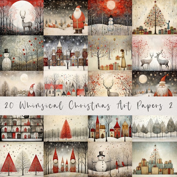 20 Whimsical Christmas Printable Art Pages| Digital Download JPG Paper Set| PNG sublimation| Whimsical Digital Paper | Retro Santa Claus