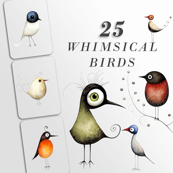 Whimsical Birds Clipart: Quirky Art for Crafts and Decor | Bird PNG Bundle | Watercolor Illustrations | Sublimation Designs | Printable Art