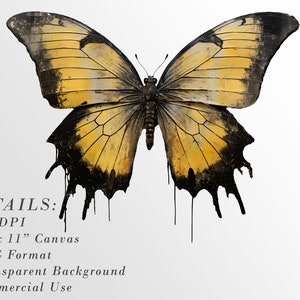 Puede incluir: Una mariposa amarilla y negra con pintura goteando, 8,5 x 11 pulgadas, 300 DPI, formato PNG, fondo transparente, uso comercial.