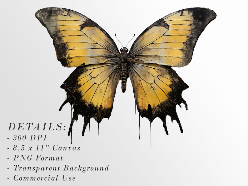 Puede incluir: Una mariposa amarilla y negra con pintura goteando, 8,5 x 11 pulgadas, 300 DPI, formato PNG, fondo transparente, uso comercial.