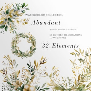 Clipart floreale verde e oro, ghirlande acquerello bordi foglie, pacchetto PNG verde, clipart matrimonio, invito compleanno, uso commerciale