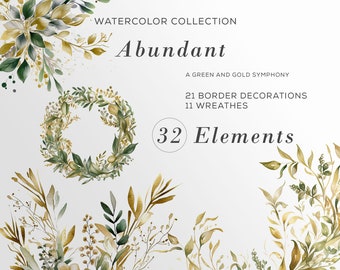 Green and Gold Floral Clipart, Watercolor Wreaths Borders Leaves, Greenery PNG Bundle, Wedding Clipart, Birthday Invitation, Commercial Use