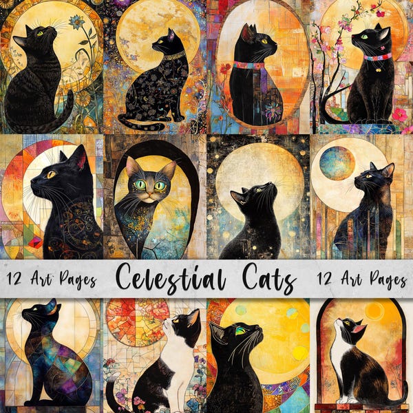 Páginas de arte imprimibles de gatos celestiales/Juego de papeles para descargar en formato digital/Papel digital extravagante/Gatos extravagantes/Perros callejeros en técnica mixta/Arte de diario basura