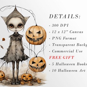 May include: A digital illustration of a spooky girl with long black hair and a black dress standing in front of a background of jack-o'-lantern pumpkins. The image is in a digital painting style and has a dark and whimsical feel.